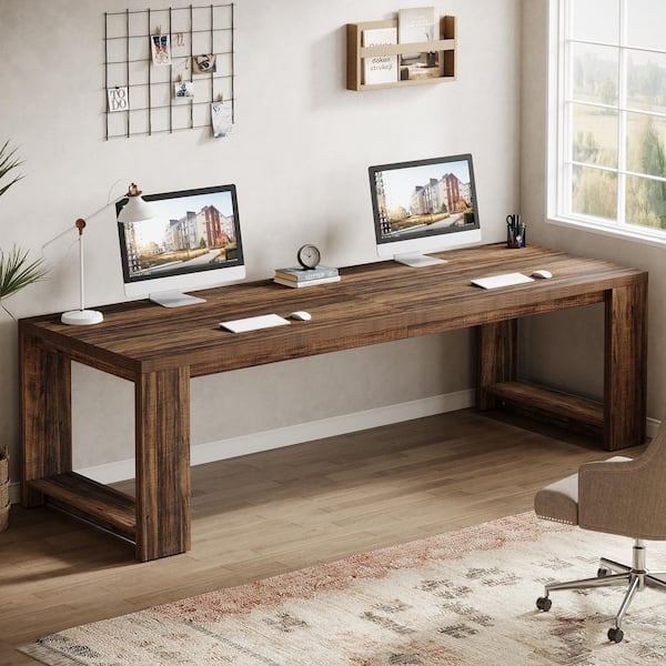 Halseey 86.6 in. Extra Long Double Rectangular Wood Brown Computer Desk Home Office School Writing Study 2-Person Table