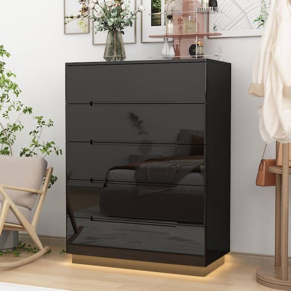 FUFU&GAGA High Gloss Black Wood 5-Drawer Chest of Drawers Storage Organizer with LED Light (31.5 in. W x 42.6 in. H x 15.7 in. D)