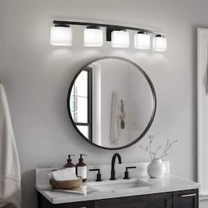 41 in. 5-Light Matte Black Modern Industrial Square Vanity Light for Bathroom with Curved Arms and Milk White Shades