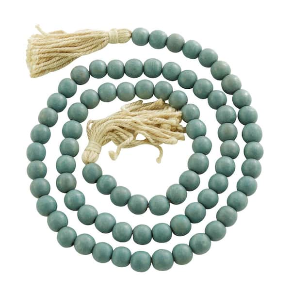 Litton Lane 80 in. Blue Handmade Mango Wood Round Long Carved Beaded Garland with Tassel