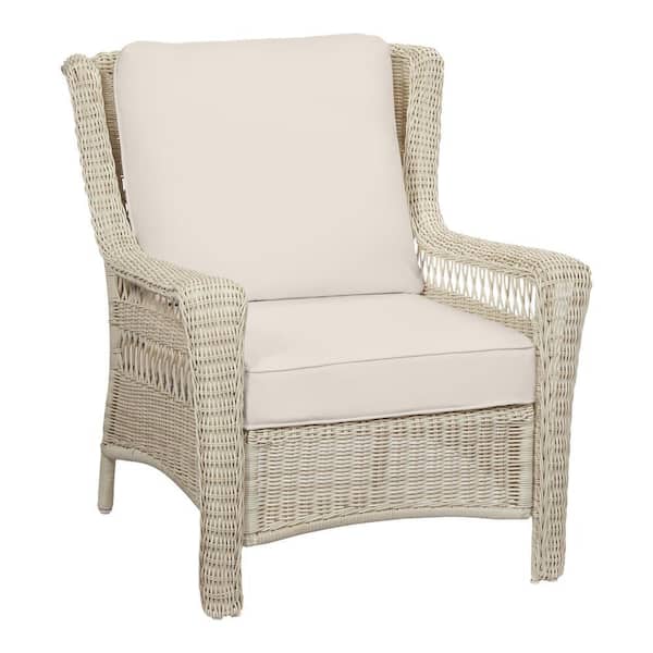 Hampton Bay Park Meadows Off-White Wicker Outdoor Patio Lounge Chair with CushionGuard Almond Tan Cushions