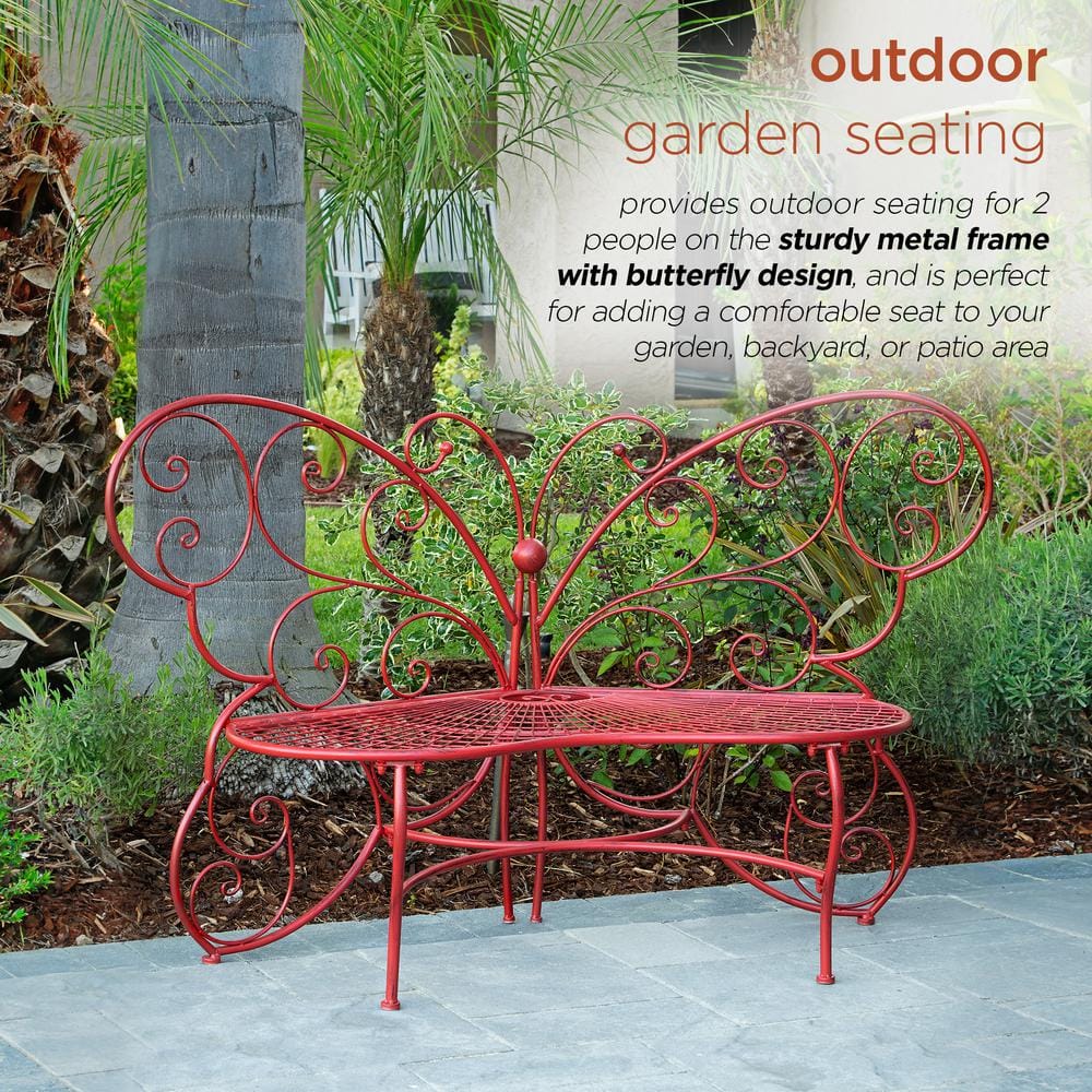 Bright-Red Butterfly-Shaped Metal Garden Bench, 62"L x 26"W x 38"H