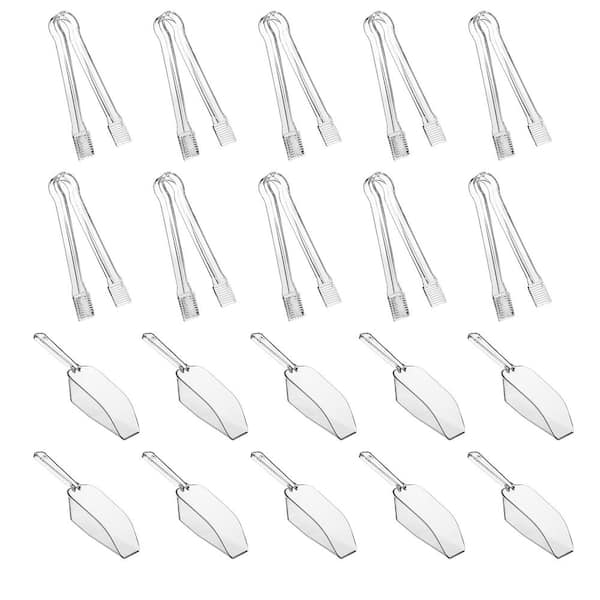 10-Piece Plastic Serving Tongs and 10-Piece Plastic Kitchen Ice Scoops for Candy Dessert Buffet Ice, Clear