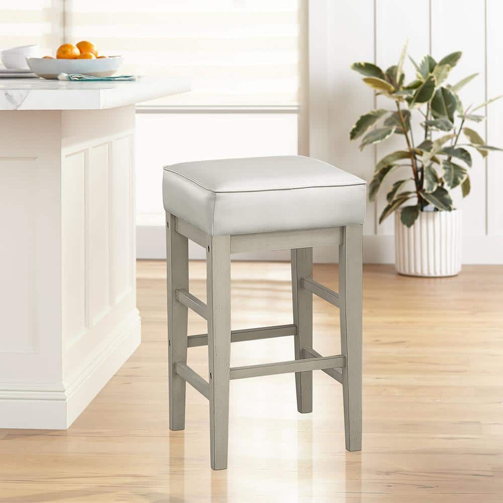 White Faux Leather and Wood Backless Counter Stools, 24 Inch