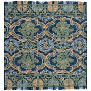 Blossom Navy/Green 4 ft. x 4 ft. Border Square Area Rug