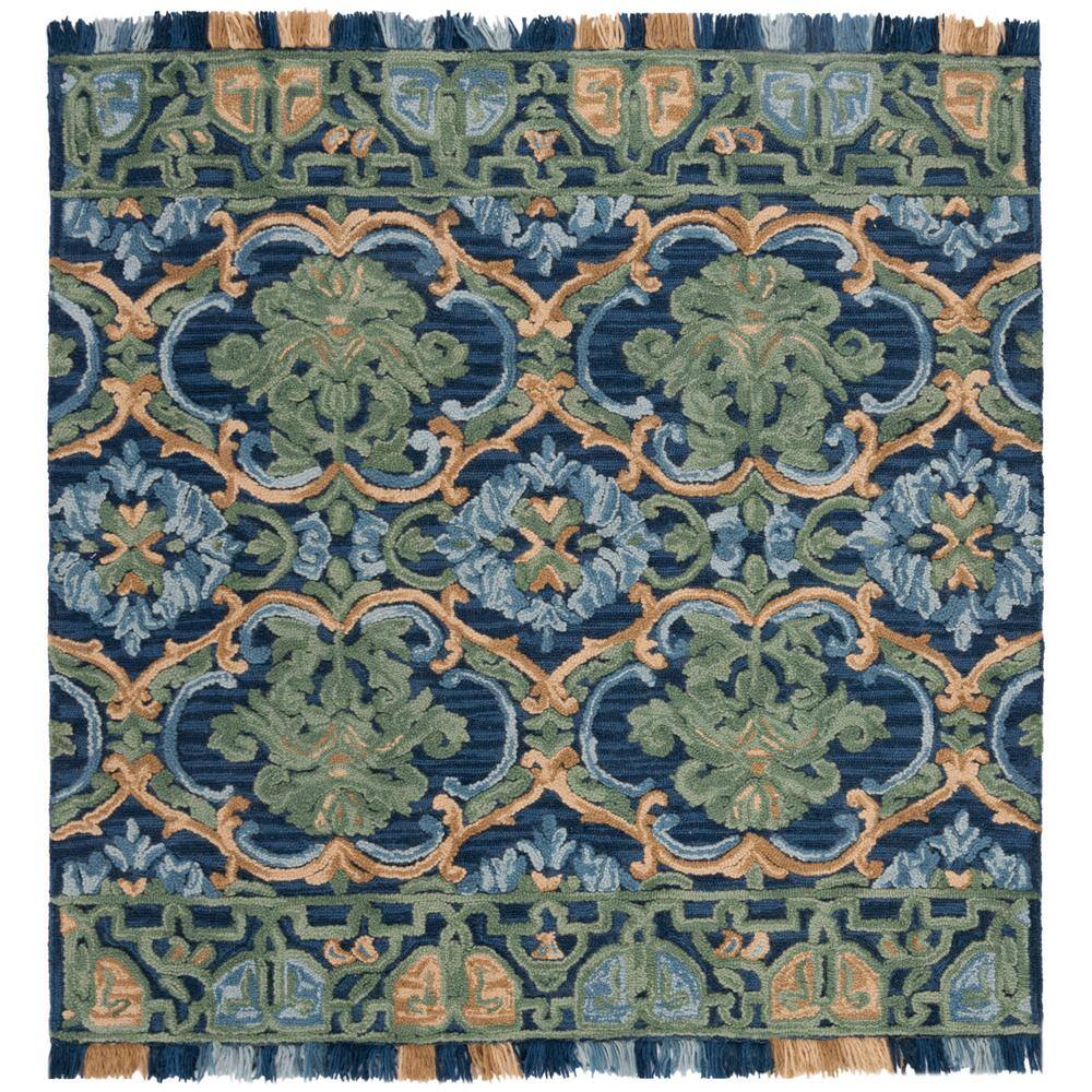 Handmade Navy and Green Floral Wool Rug, 8' Square