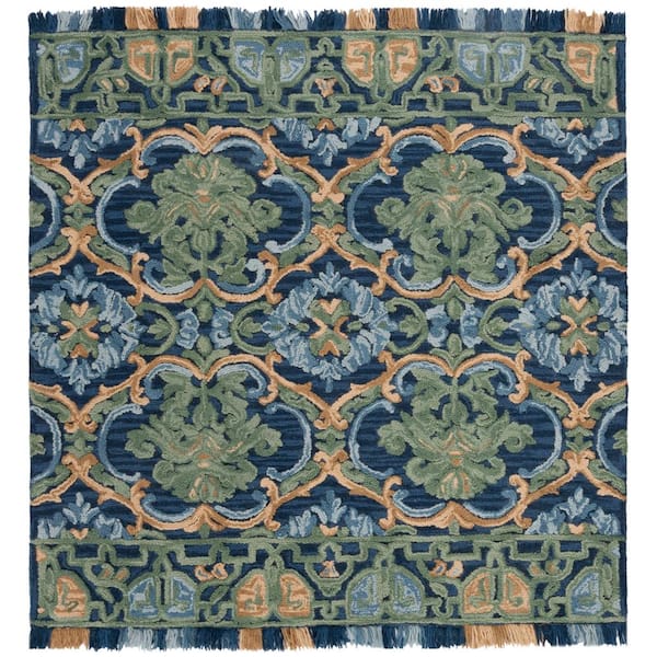 SAFAVIEH Blossom Navy/Green 8 ft. x 8 ft. Border Square Area Rug