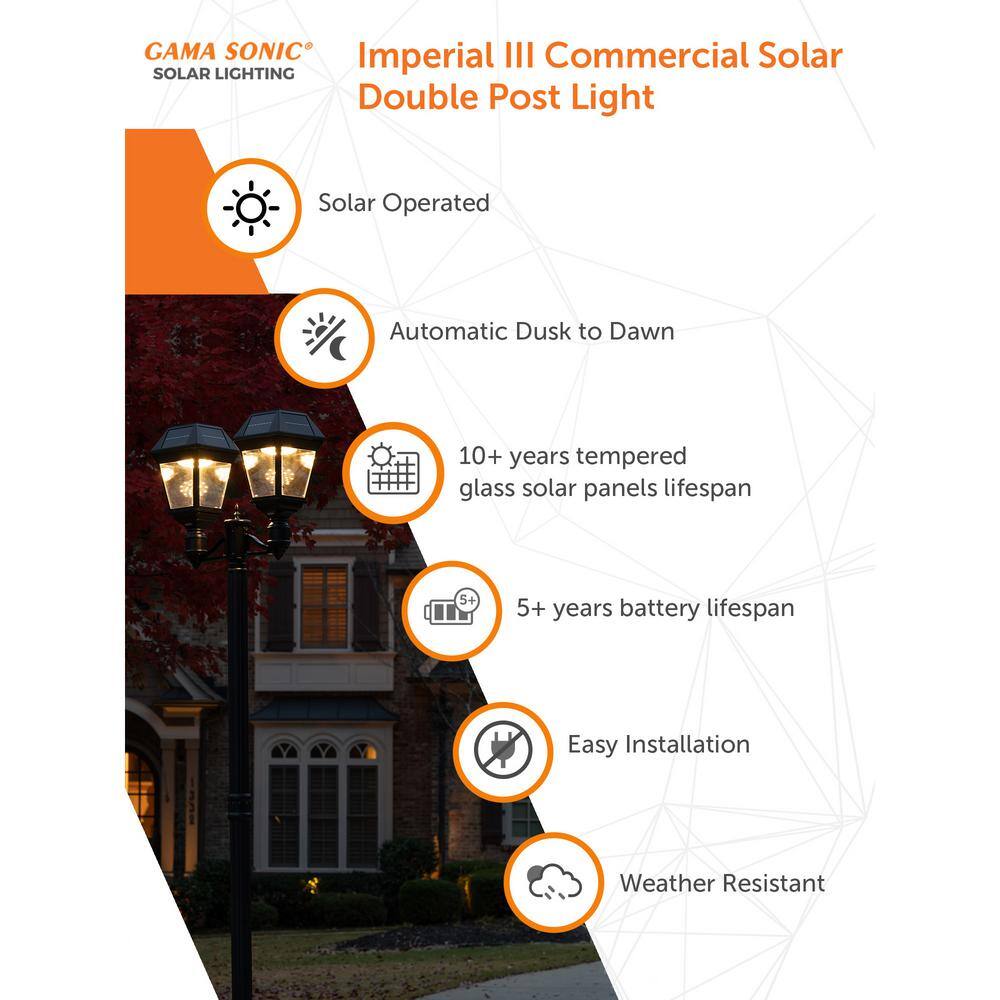 Imperial III Black Double Solar Post Light with Beveled Lens