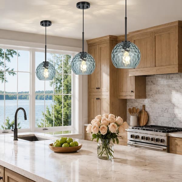 RayHome 1-Light Modern Coastal Blue Adjustable Pendant Light with Globe Hammered Glass Shade for Kitchen Island Bedroom