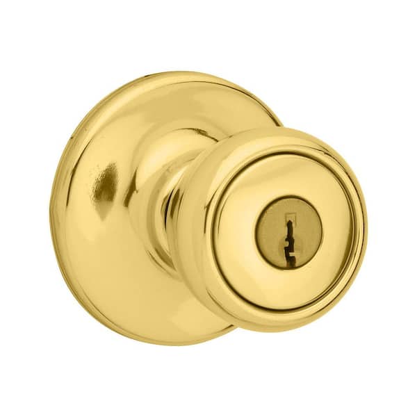 Kwikset Brass Polished Mobile Home Keyed Entry Door Knob with Microban Antimicrobial Technology