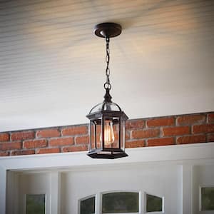 Wickford 13.6 in. 1-Light Weathered Bronze Outdoor Hanging Light Pendant Light with Clear Beveled Glass