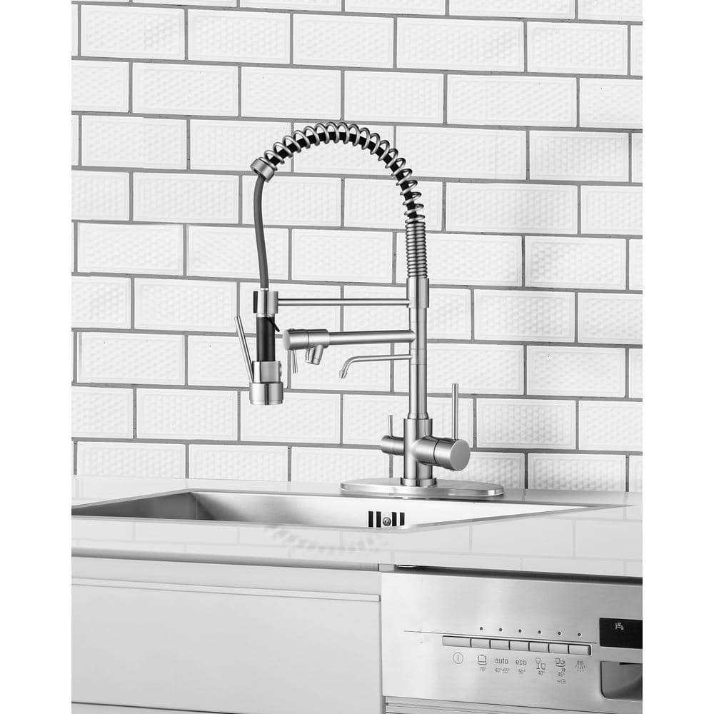 Brushed Nickel Dual Handle Pull Down Kitchen Faucet with Spray