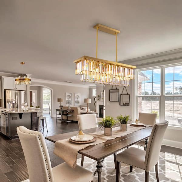 LuminFan 39 in. 10-Light Gold 2-Tier Rectangle Crystal Chandelier