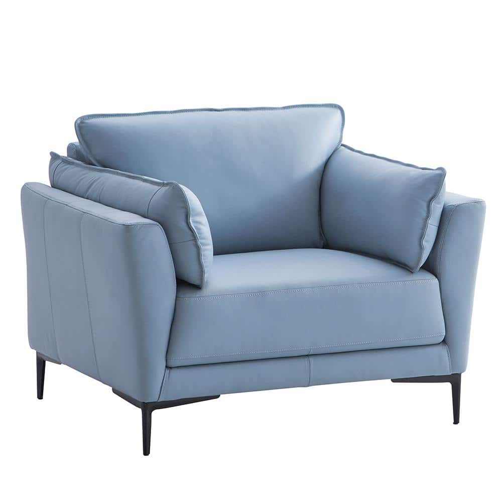 Light Blue Leather and Black Wood Accent Chair