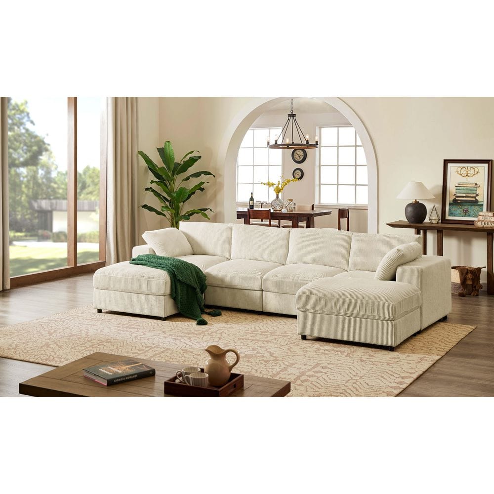 Noah Modern 132 in. Square Arm 6-Piece Corduroy Modular Sectional Sofa in Beige with 2 Ottomans, Reversible price history on PriceWatchPro