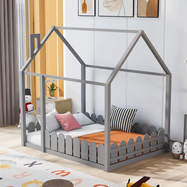 Gray Full Size Wood House Bed with Fence