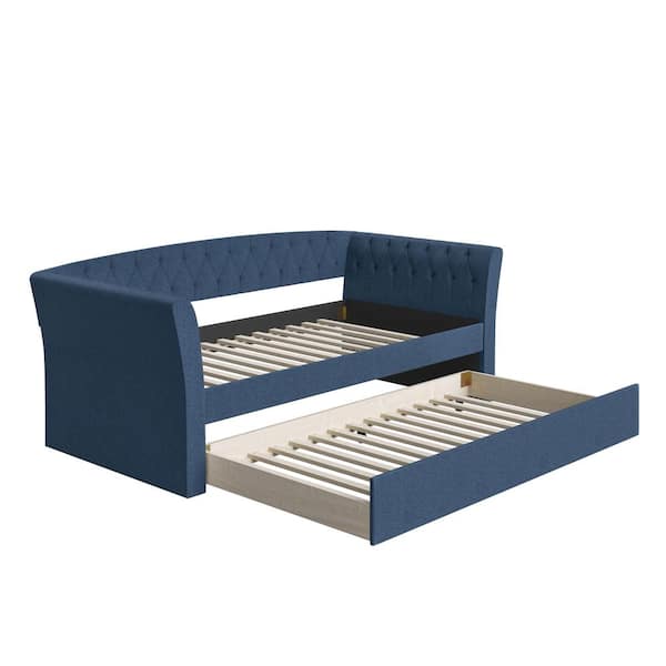 Boyd Sleep New Castle Twin Size Daybed with Wheeled Trundle, Blue Linen, Tufted Upholstery