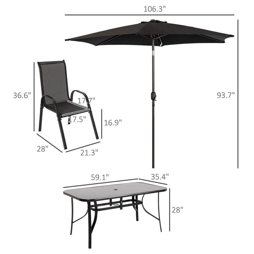 Black 6-Person Outdoor Dining Set with Glass Table and Umbrella