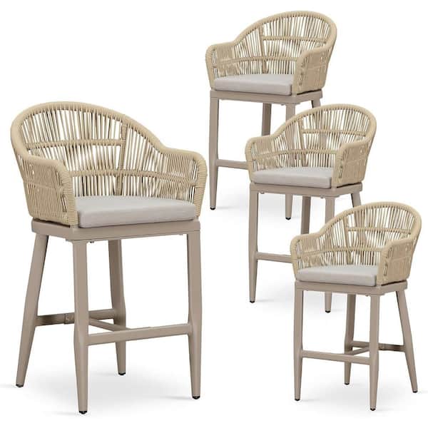 Modern Aluminum Rattan Counter Height Outdoor Bar Stool with Back and Beige Cushion (4-Pack)