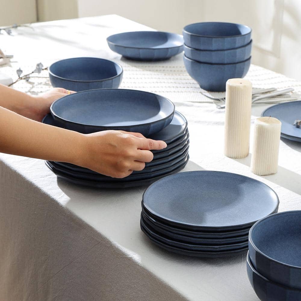 Blue Ceramic 16-Piece Minimalist Dinnerware Set for 8
