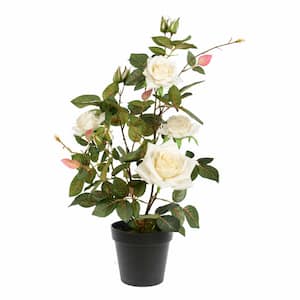 21 in. Artificial White Rose Plant in Pot.