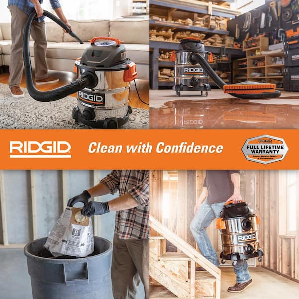 10 Gal. 6.0 Peak HP Stainless Steel Shop Vacuum Wet Dry Vac with Filter, Dust Bags, Hose and Accessories WD1060A