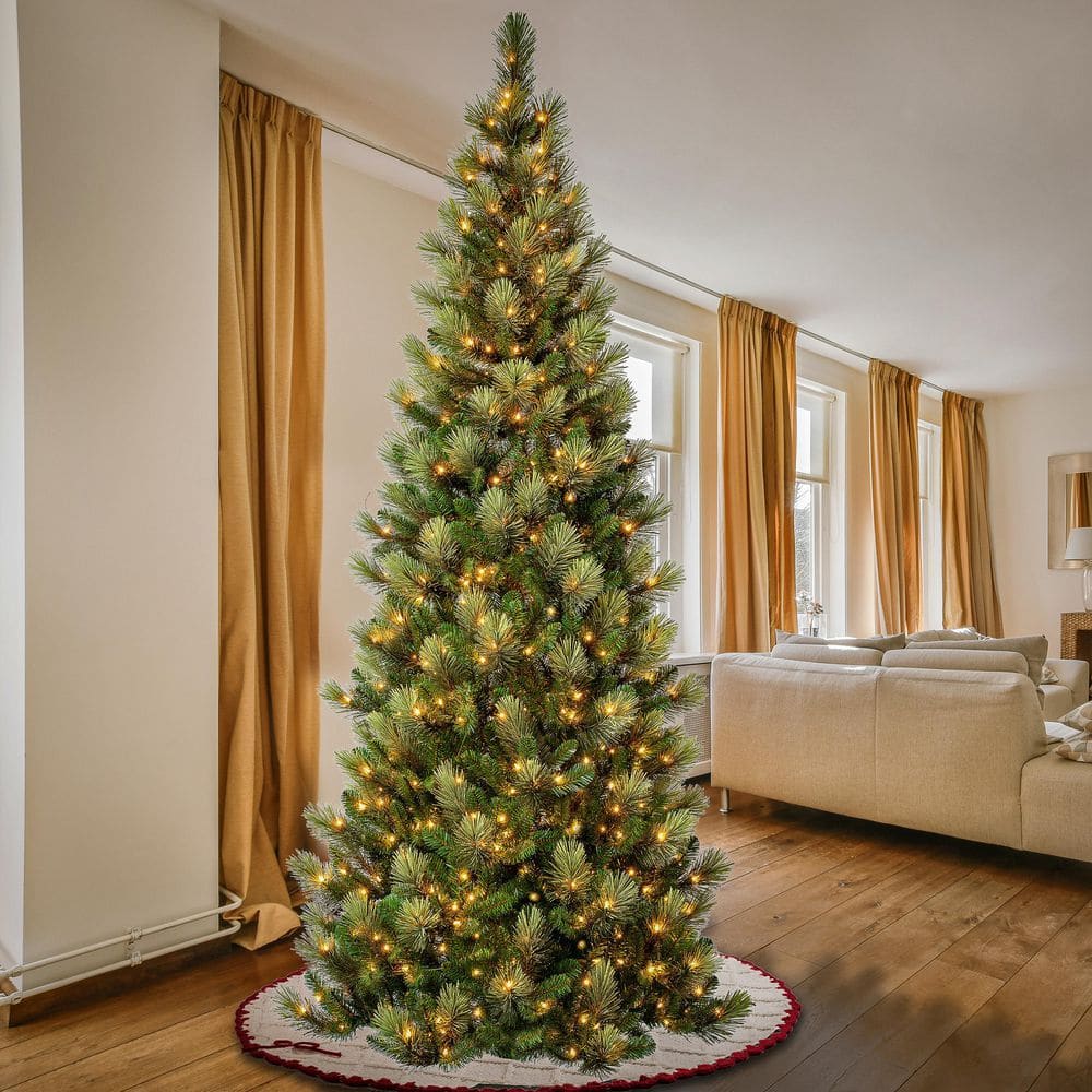 9-Foot Green Pine Slim Artificial Christmas Tree with Clear Lights