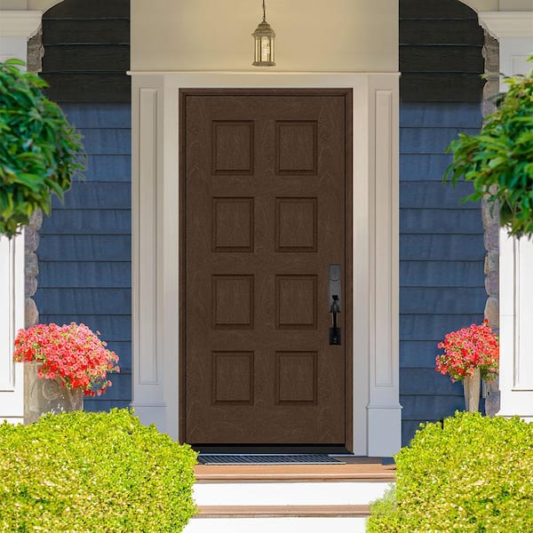 Regency 32 in. x 80 in. 8-Panel LHIS Hickory Stain Mahogany Fiberglass Prehung Front Door