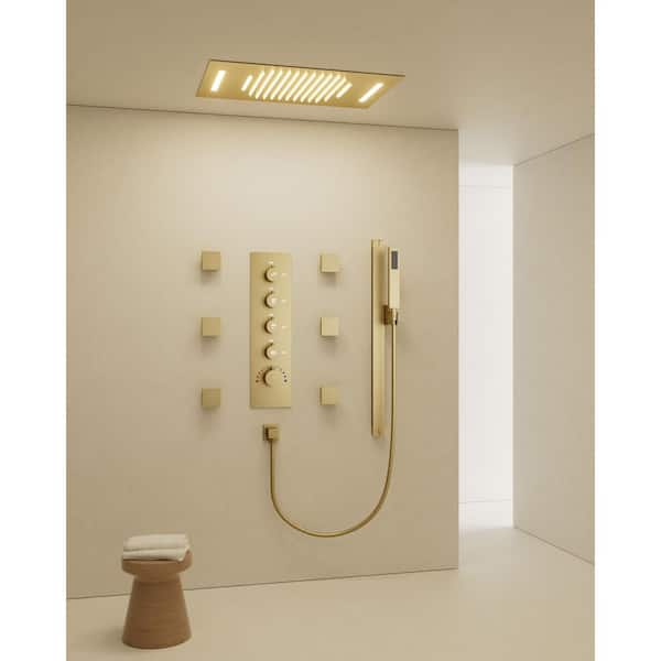 15-Spray LED Mood Lighting 23 x 15 in. Ceiling Mount Dual and Handheld Shower 2.5 GPM with Slider Bar in Brushed Gold