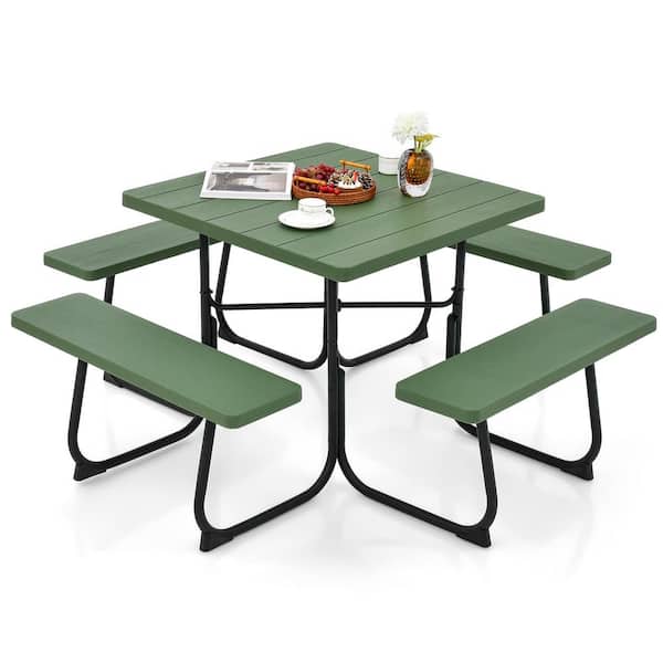 HONEY JOY 67 in. Green Square Steel Outdoor Picnic Table Bench Set 8-person with 4 Benches and Umbrella Hole 500 lbs. Capacity