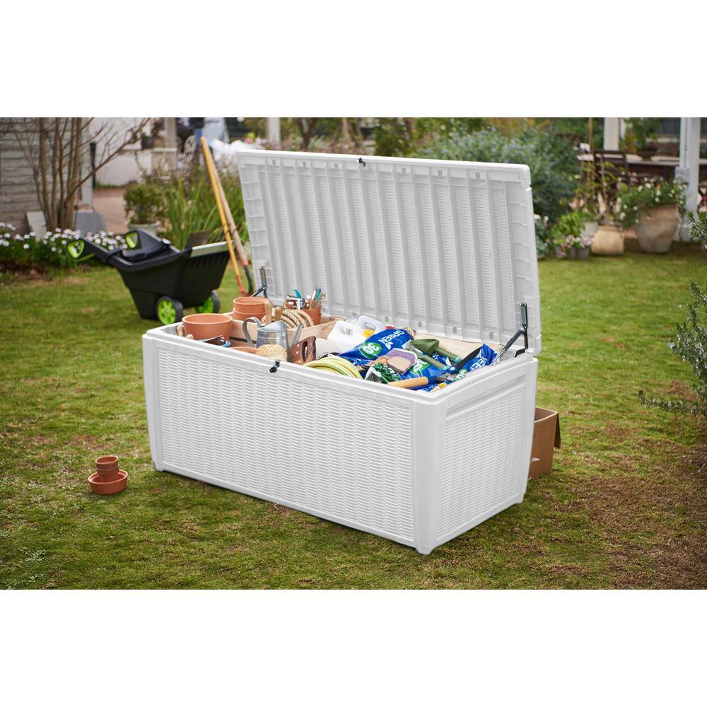 White Large Resin Wicker Lockable Deck Box