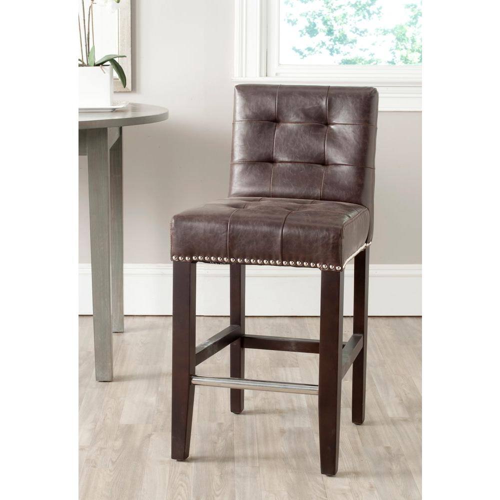 Antique Brown Leather and Wood Counter Stool