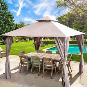 13 ft. x 10 ft. Khaki Double Roof Tops Gazebo with Mosquito Netting and Shade Curtains
