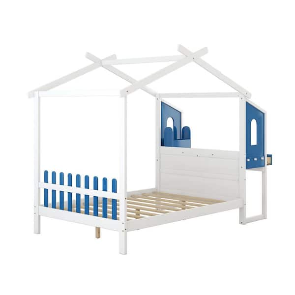 Donason White Wood Frame Full Size Platform Bed with Built-in Desk and Two Drawers, Separate Storage Pen Cas