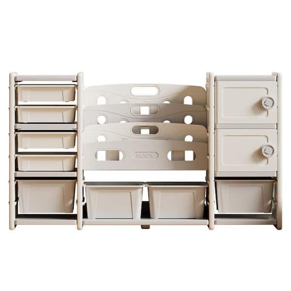 Classic Series Gray and Ivory Polyethylene Kids Storage Box Cabinet with Removable Bins and Bookshelf