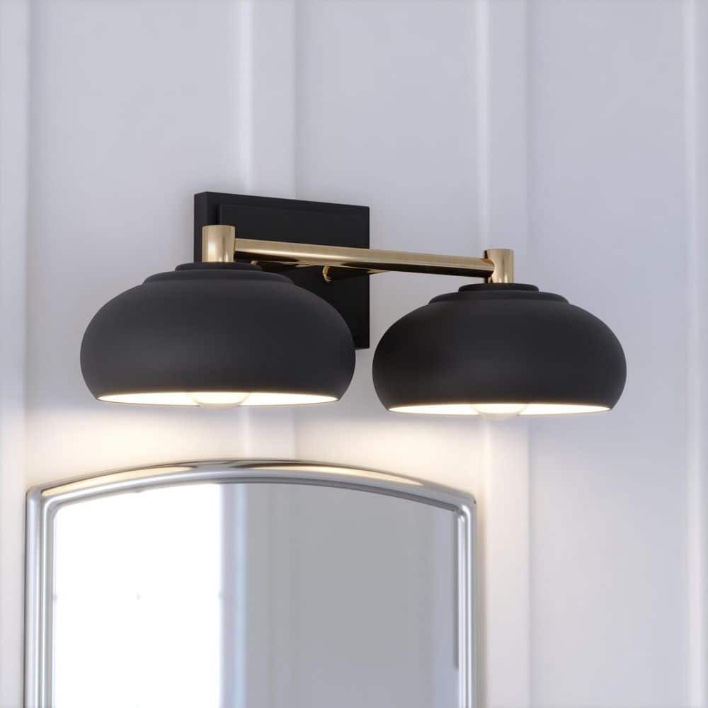 Belmont 18.5 in. W 2-Light Matte Black and Satin Brass Vanity Light Fixture Contemporary Metal Bathroom Wall Lighting price history on PriceWatchPro