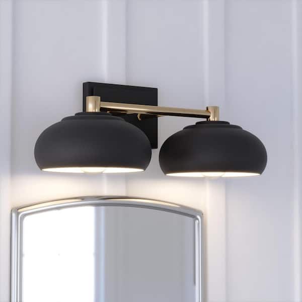 VAXCEL Belmont 18.5 in. W 2-Light Matte Black and Satin Brass Vanity Light Fixture Contemporary Metal Bathroom Wall Lighting