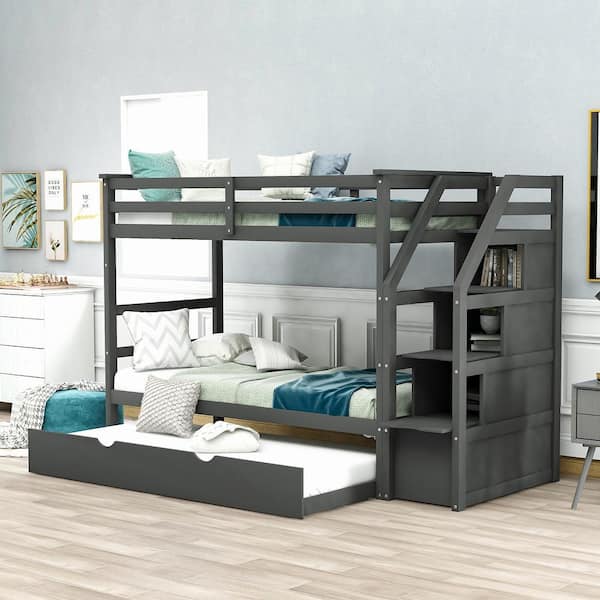 Gojane Gray Twin Bunk Bed With, Three Twin Bunk Bed Design