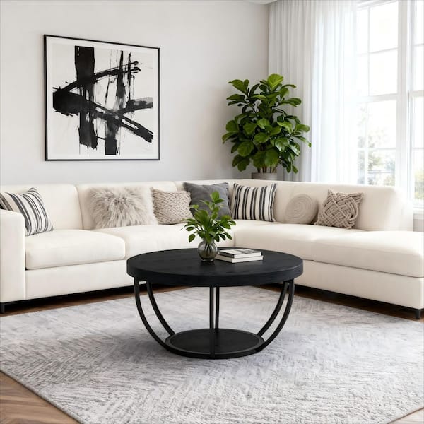 Fnova 31.7 in. Farmhouse Black Round Wood Coffee Table with