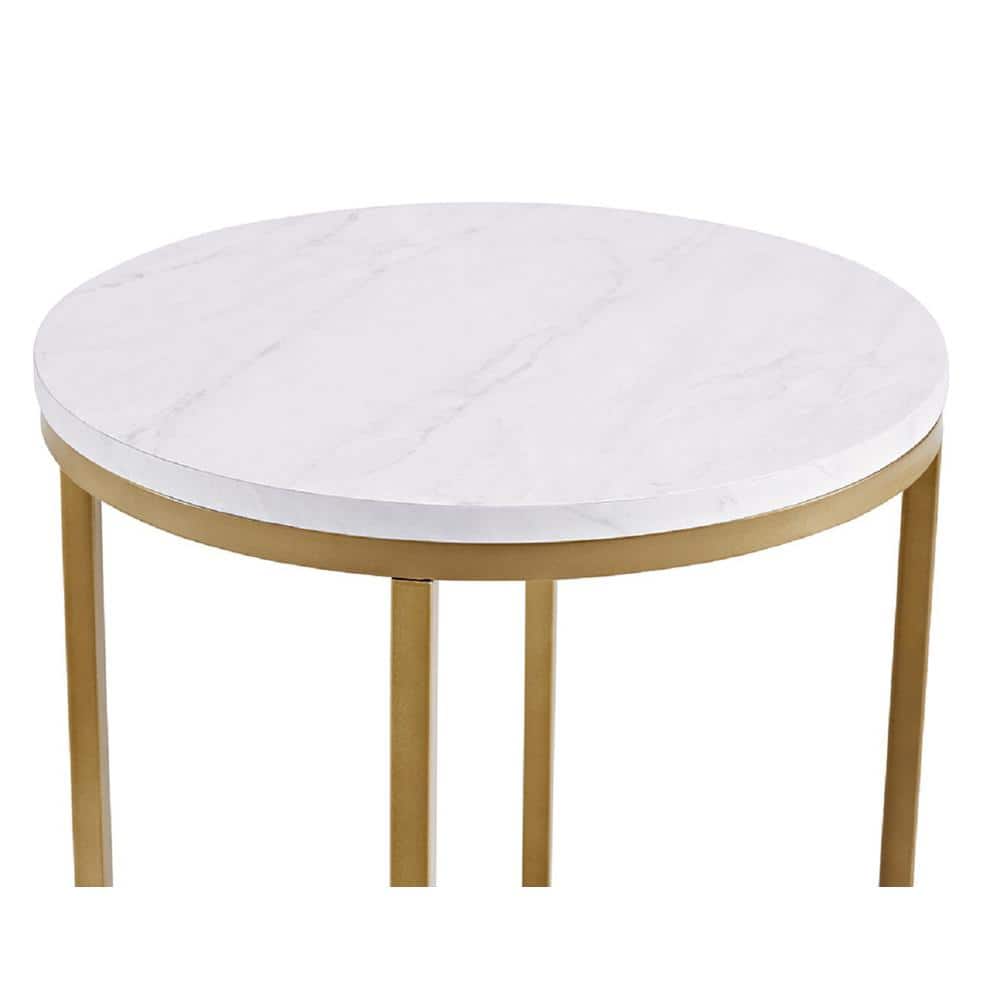 16" White Faux Marble and Gold Round End Table