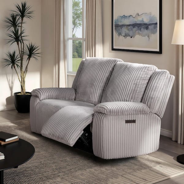 Philip 62 in. Power Motion Recliner Loveseat Sofa with Pillow Top Arm in Moon Gray Corduroy