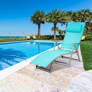 2-Pieces Cushioned Folding Metal Outdoor Chaise Lounge Chair Adjustable Recliner with Turquoise Cushions