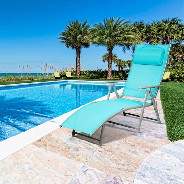 2-Pieces Cushioned Folding Metal Outdoor Chaise Lounge Chair Adjustable Recliner with Turquoise Cushions