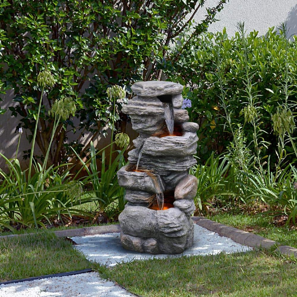 Teamson Home Gray 4-Tier Faux Stone Water Fountain with LED Lights