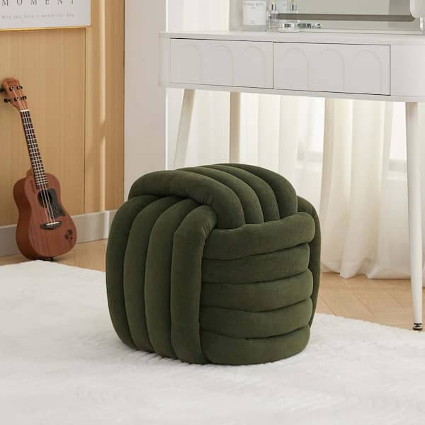 Unbranded 19.3 in. Green Square Chenille Pouf Modern Knot Design Ottoman Upholstered Vanity Stool Footstool Seat