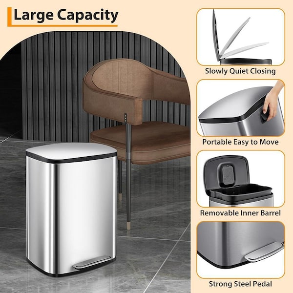 Garvee 13.2 Gal. Silver Stainless Steel Dual-Use Foot Pedal Trash