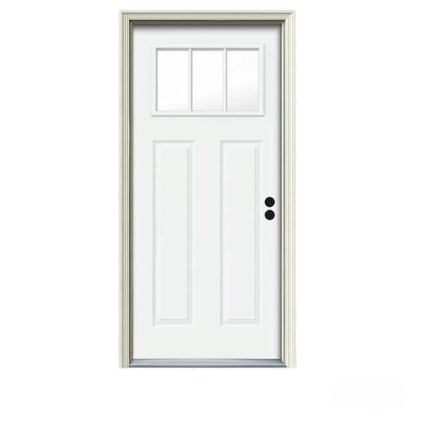 JELD-WEN 34 in. x 80 in. 3 Lite Craftsman White Painted Steel Prehung Left-Hand Inswing Front Door w/Brickmould