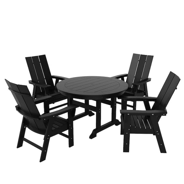 Shoreside Outdoor Patio Weather Resistant Adirondack Black 5-Piece HDPE Plastic Round Table Dining Set