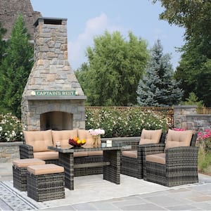 6-Piece Wicker Patio Conversation Seating Set with Brown Cushions