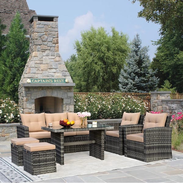 Cesicia 6-Piece Wicker Patio Conversation Seating Set with Brown Cushions